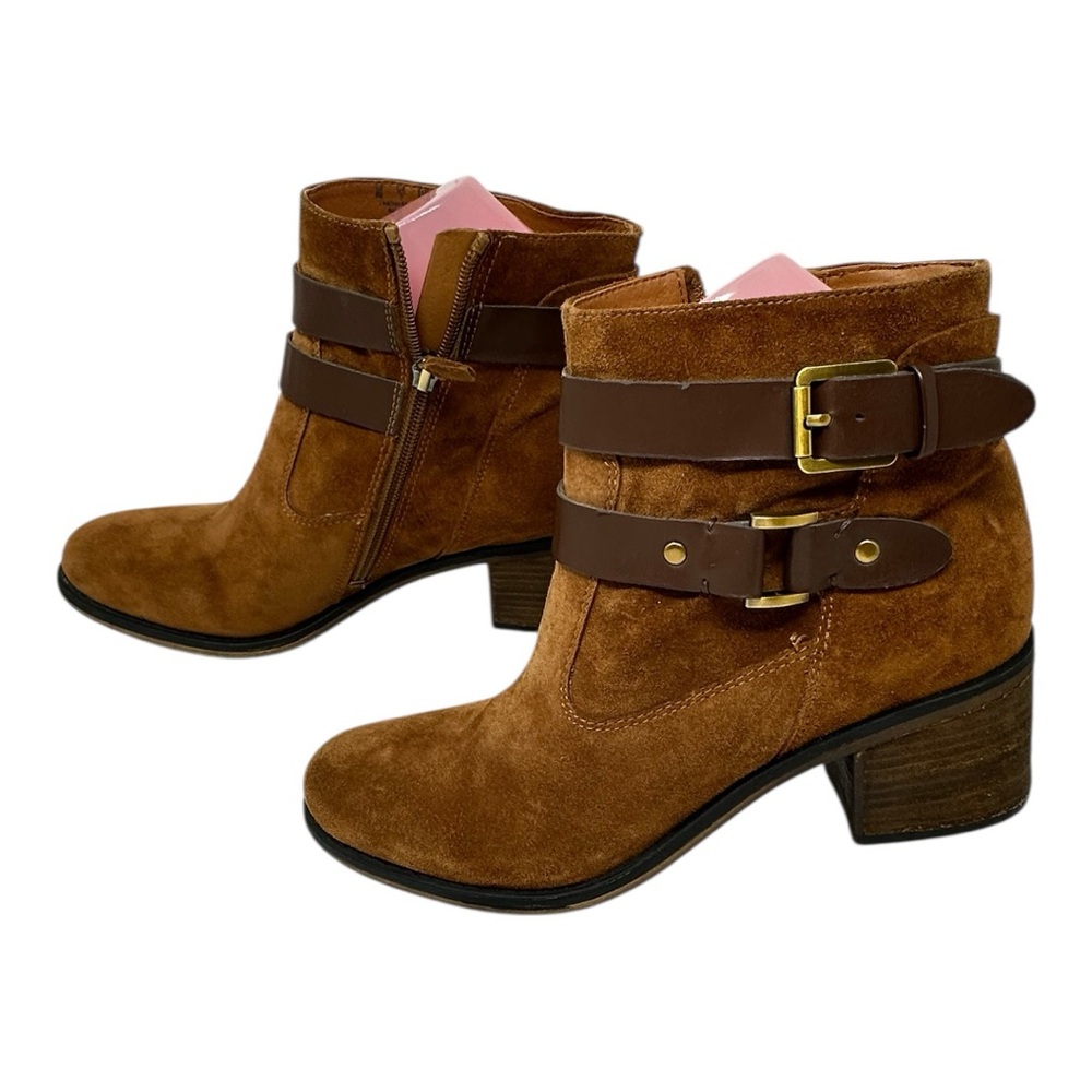 Franco Sarto Linden Moto Ankle Boots‎ Sz 8 Brown Buckle Accent 2" Heel